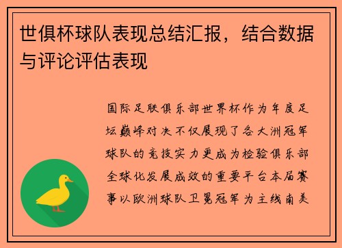 世俱杯球队表现总结汇报，结合数据与评论评估表现